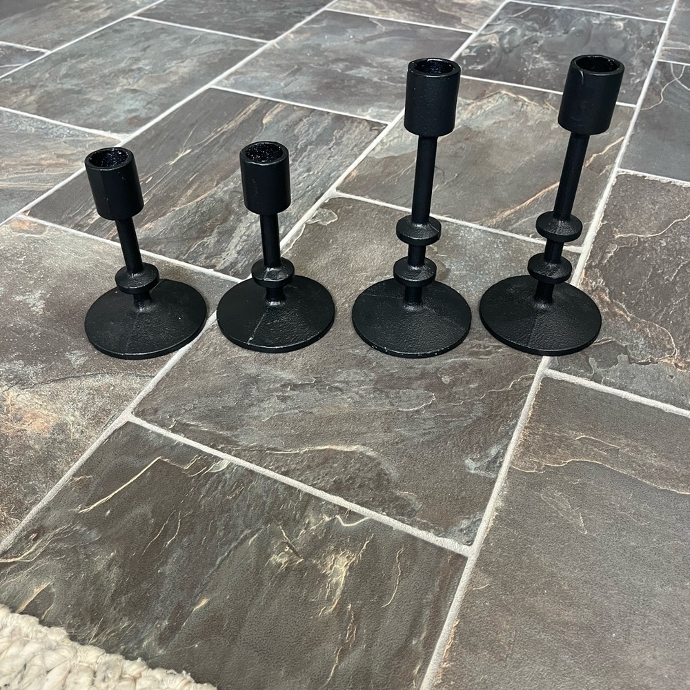 Black Cast Iron Set of 4 Candlestick Holders